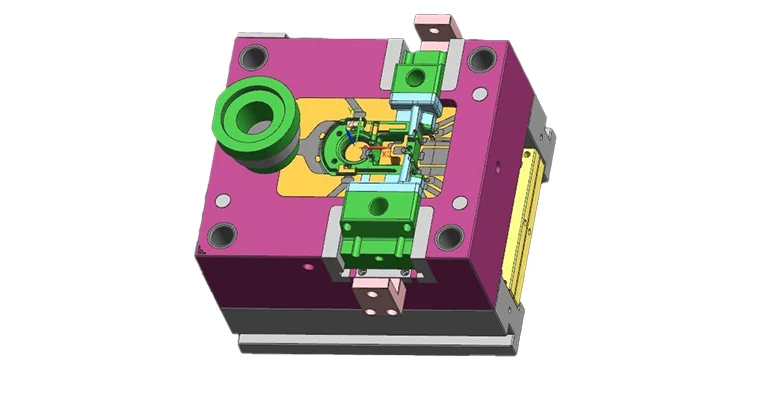 A moveable die with slide to create parts with complex undercuts or intricate features.
