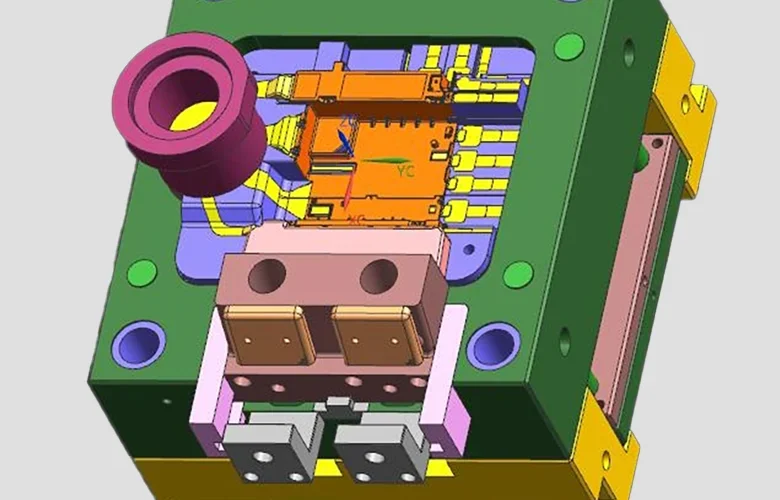 Cross-section view of a die casting mould showing core, cavity, and cooling channels.